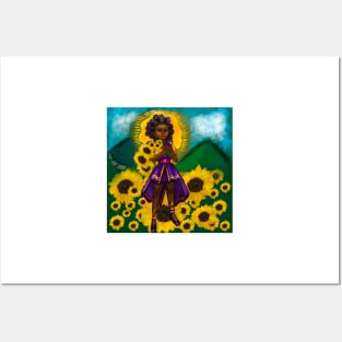 anime girl  sunflower warrior princess ii with Bantu knots - black girl with Afro hair and dark brown skin and flowers Posters and Art